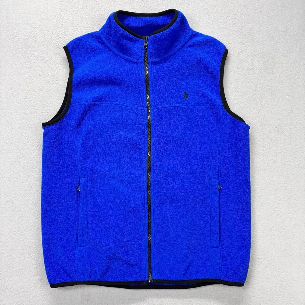 Vintage Ralph Lauren‎ Fleece Vest Boys L 14/16 Blue Full Zip Pockets Polyester
